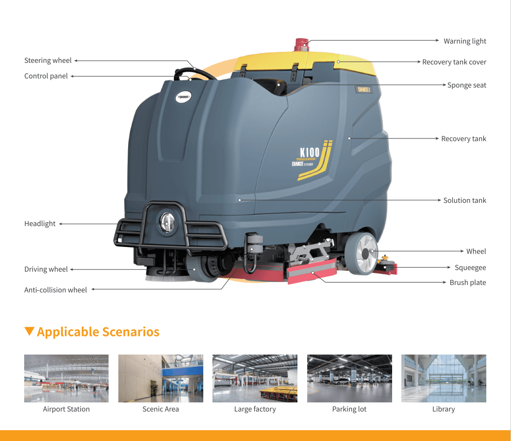 T-K100 Ride-On Floor Scrubber Machine Hero Image